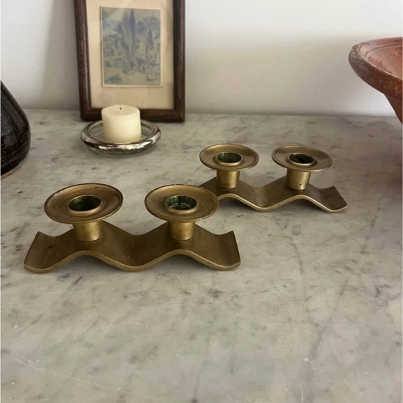 Mid Century Modern Brass Wavy Candle Holders - Set - Picture 1 of 5